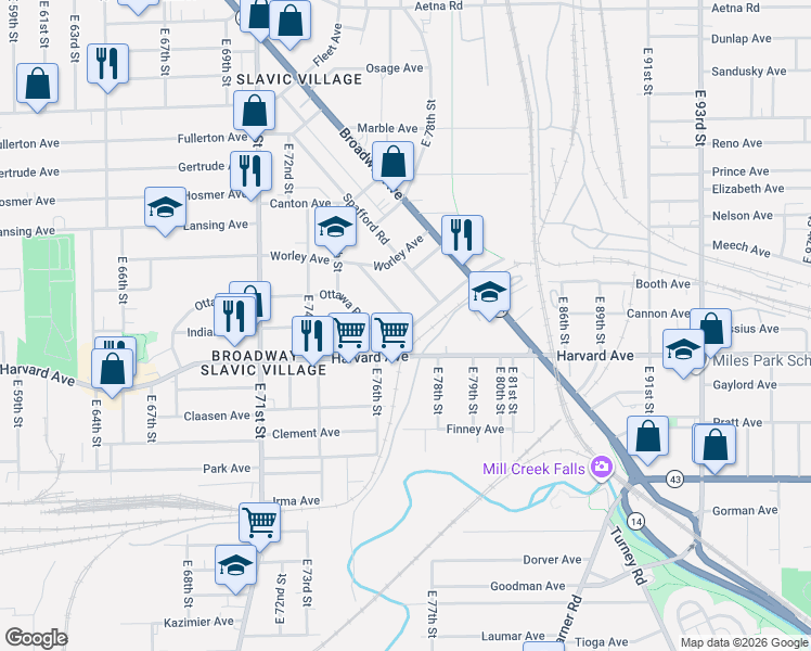 map of restaurants, bars, coffee shops, grocery stores, and more near 7804 Jones Road in Cleveland