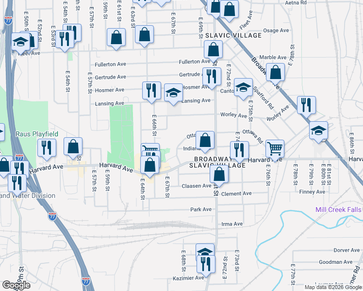 map of restaurants, bars, coffee shops, grocery stores, and more near 6734 Ottawa Road in Cleveland