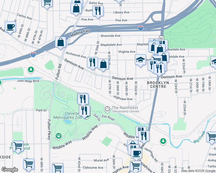 map of restaurants, bars, coffee shops, grocery stores, and more near 3870 West 37th Street in Cleveland