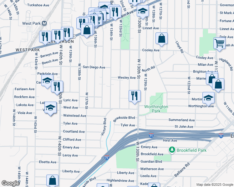 map of restaurants, bars, coffee shops, grocery stores, and more near 3849 West 134th Street in Cleveland