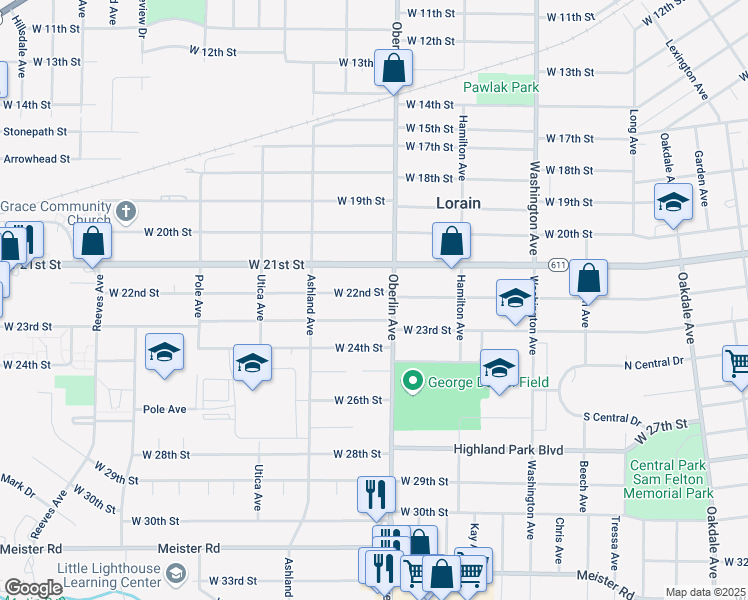 map of restaurants, bars, coffee shops, grocery stores, and more near 1220 West 23rd Street in Lorain