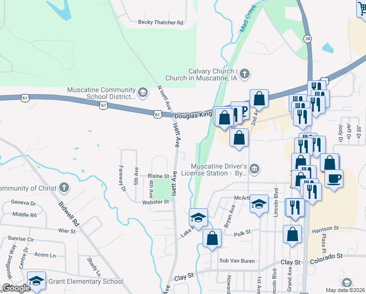 map of restaurants, bars, coffee shops, grocery stores, and more near West Cleveland Street in Muscatine