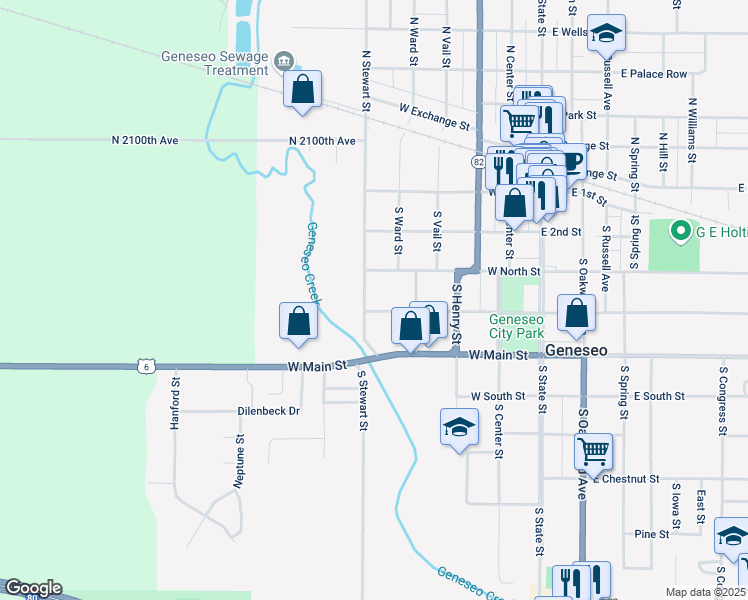 map of restaurants, bars, coffee shops, grocery stores, and more near 301-399 South Stewart Street in Geneseo