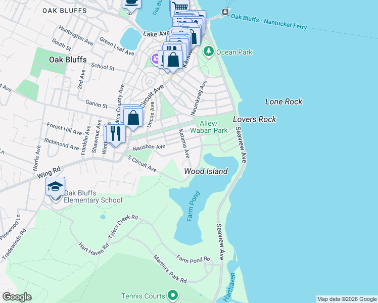 map of restaurants, bars, coffee shops, grocery stores, and more near 5 Acushnet Avenue in Oak Bluffs