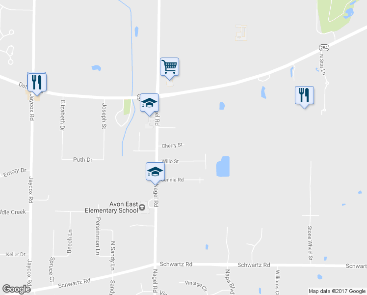 map of restaurants, bars, coffee shops, grocery stores, and more near 33467 Cherry Street in Avon