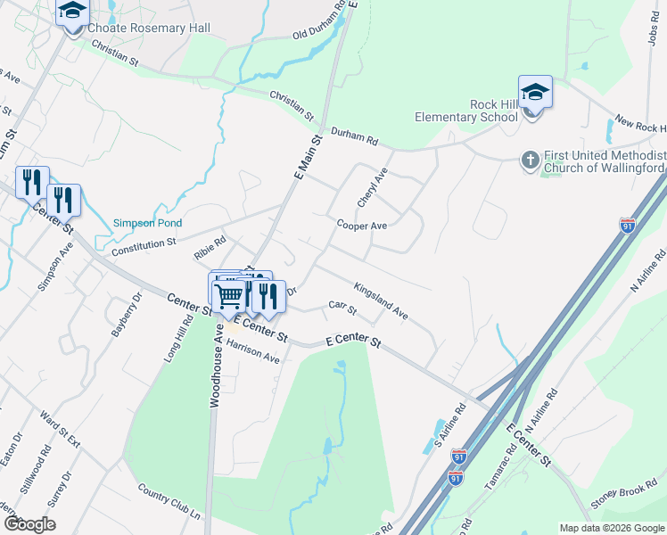 map of restaurants, bars, coffee shops, grocery stores, and more near 12 Kingsland Avenue in Wallingford