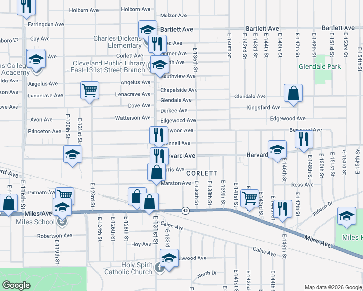 map of restaurants, bars, coffee shops, grocery stores, and more near 13302 Crennell Avenue in Cleveland
