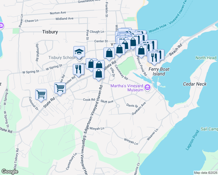 map of restaurants, bars, coffee shops, grocery stores, and more near 40 Mount Aldworth Road in Tisbury