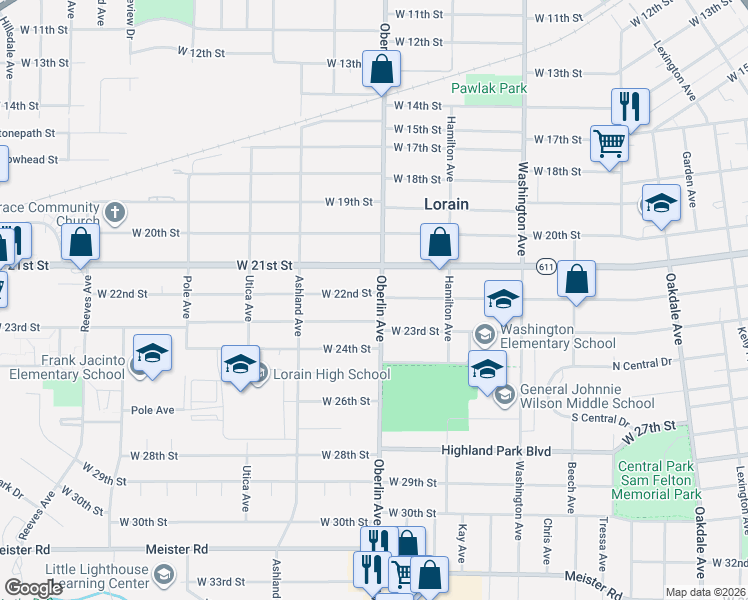 map of restaurants, bars, coffee shops, grocery stores, and more near 2223 Oberlin Avenue in Lorain