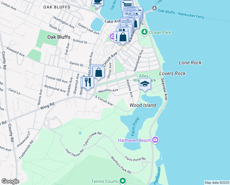 map of restaurants, bars, coffee shops, grocery stores, and more near 42 Naushon Avenue in Oak Bluffs
