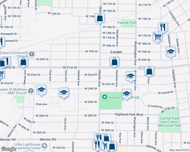 map of restaurants, bars, coffee shops, grocery stores, and more near 1220 West 23rd Street in Lorain