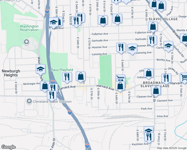 map of restaurants, bars, coffee shops, grocery stores, and more near 5711 Hege Avenue in Cleveland