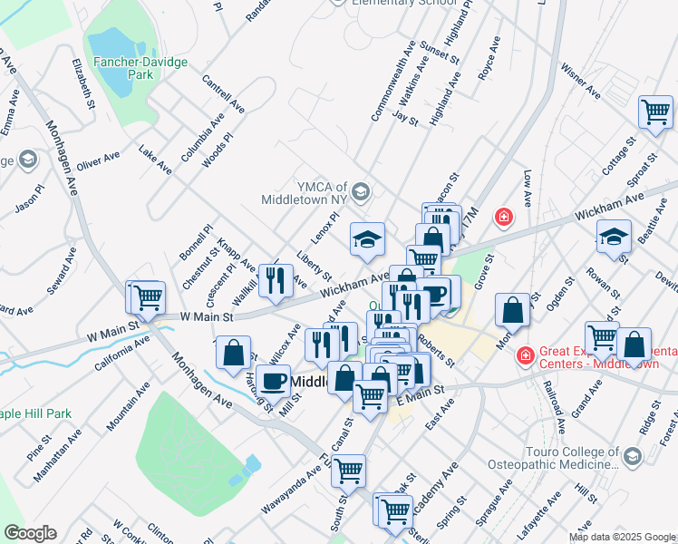 map of restaurants, bars, coffee shops, grocery stores, and more near 6 Liberty Street in Middletown