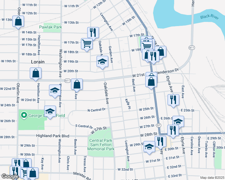 map of restaurants, bars, coffee shops, grocery stores, and more near 509 West 22nd Street in Lorain