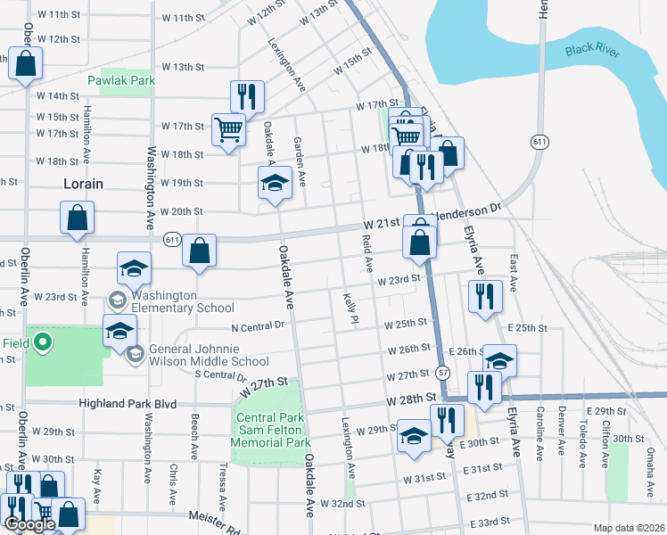 map of restaurants, bars, coffee shops, grocery stores, and more near 2235 Lexington Avenue in Lorain
