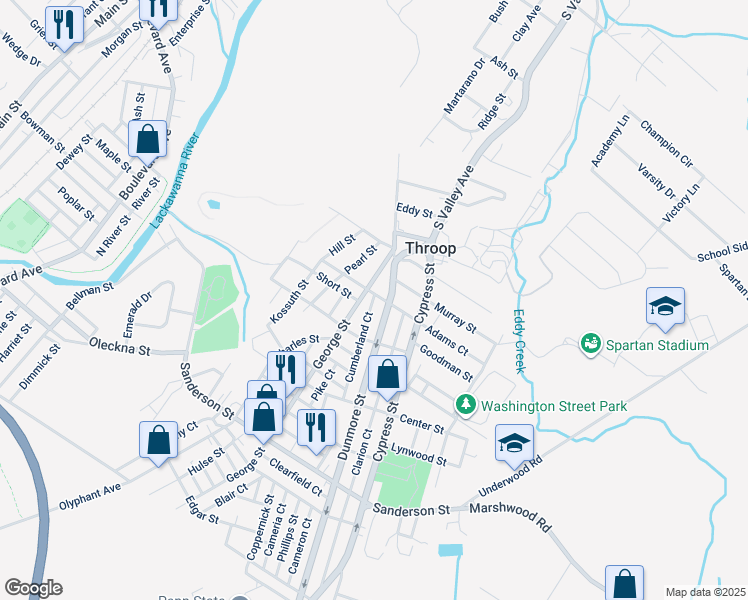 map of restaurants, bars, coffee shops, grocery stores, and more near 718 George Street in Throop