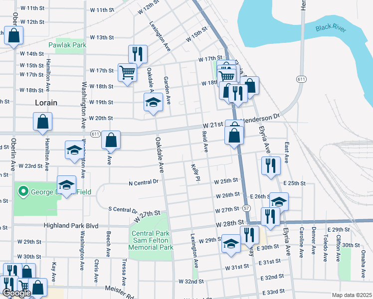 map of restaurants, bars, coffee shops, grocery stores, and more near 2235 Lexington Avenue in Lorain