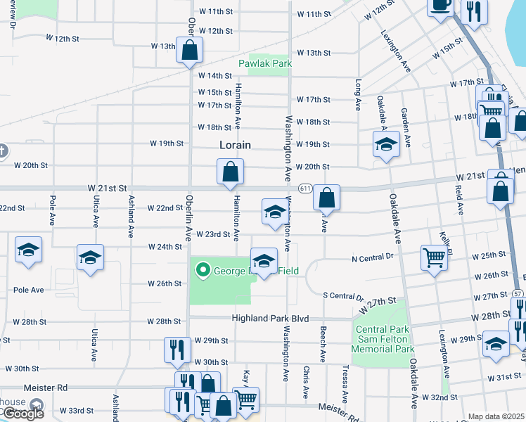 map of restaurants, bars, coffee shops, grocery stores, and more near 1025 West 22nd Street in Lorain