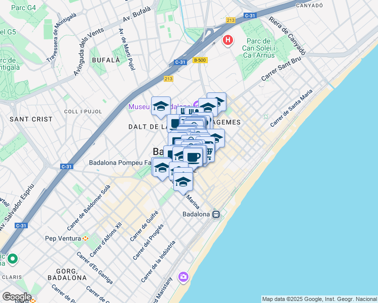 map of restaurants, bars, coffee shops, grocery stores, and more near 36 Carrer de Francesc Layret in Badalona