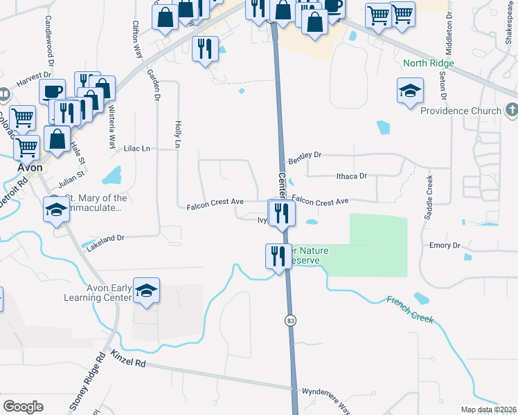 map of restaurants, bars, coffee shops, grocery stores, and more near 36193 Falcon Crest Avenue in Avon