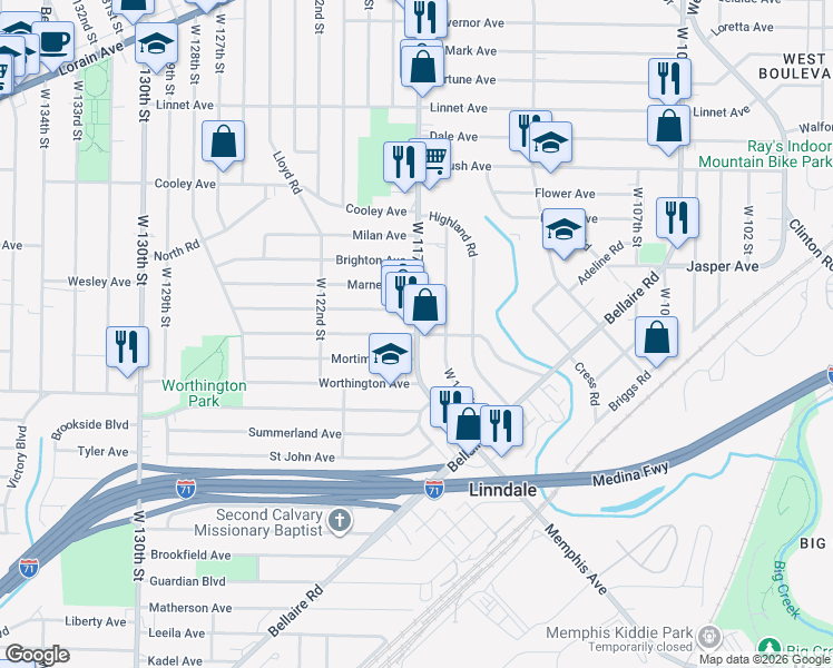 map of restaurants, bars, coffee shops, grocery stores, and more near W 117th St & Kensington Ave in Cleveland