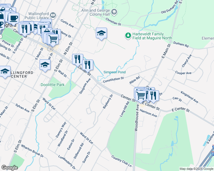 map of restaurants, bars, coffee shops, grocery stores, and more near 722 Center Street in Wallingford