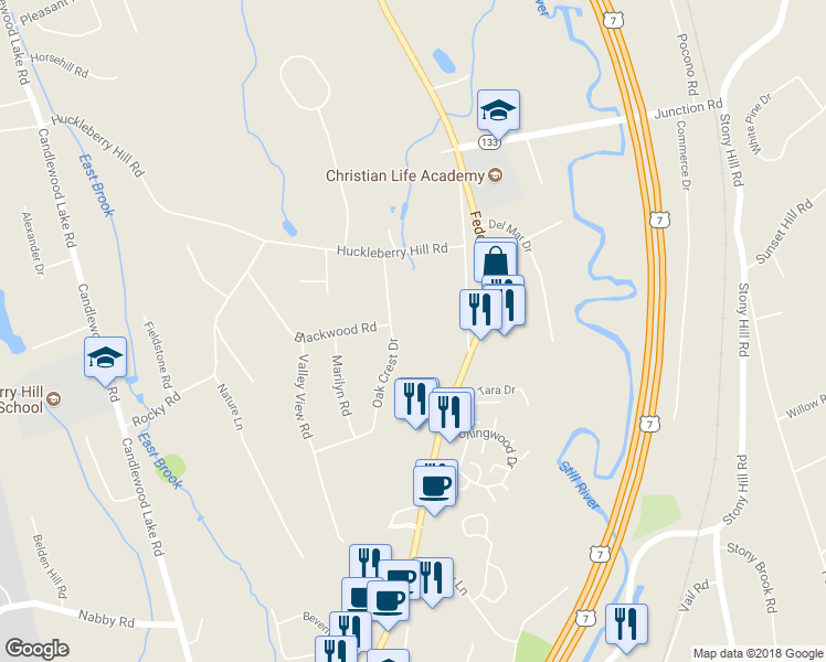 map of restaurants, bars, coffee shops, grocery stores, and more near 11 Oak Crest Drive in Brookfield