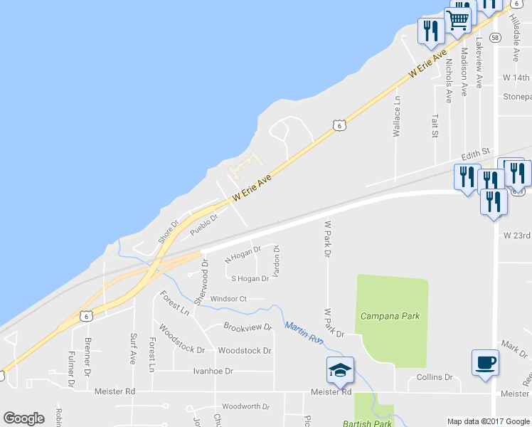 map of restaurants, bars, coffee shops, grocery stores, and more near 3819 West Erie Avenue in Lorain
