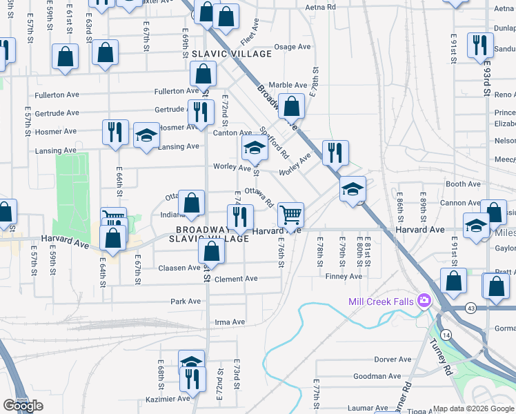 map of restaurants, bars, coffee shops, grocery stores, and more near 7503 Indiana Avenue in Cleveland