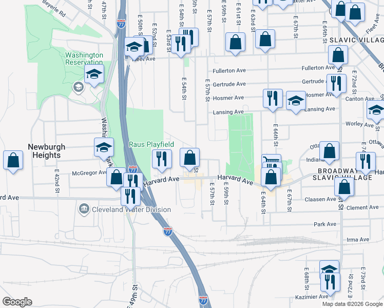 map of restaurants, bars, coffee shops, grocery stores, and more near 3990 East 55th Street in Newburgh Heights