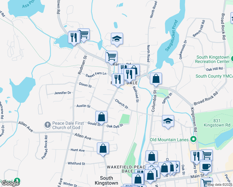 map of restaurants, bars, coffee shops, grocery stores, and more near 483 High Street in South Kingstown