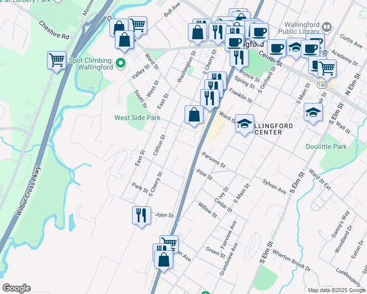 map of restaurants, bars, coffee shops, grocery stores, and more near 9 Carlton Street in Wallingford