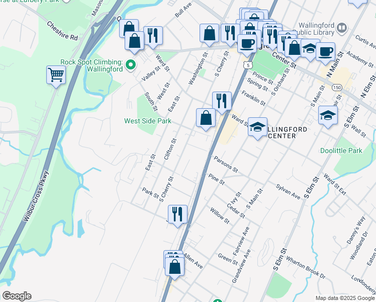 map of restaurants, bars, coffee shops, grocery stores, and more near 9 Carlton Street in Wallingford