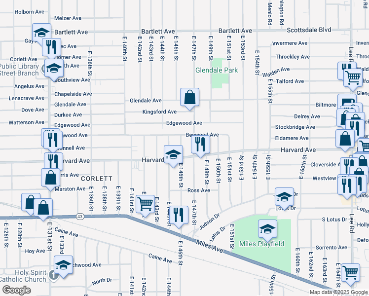 map of restaurants, bars, coffee shops, grocery stores, and more near 14623 Harvard Avenue in Cleveland