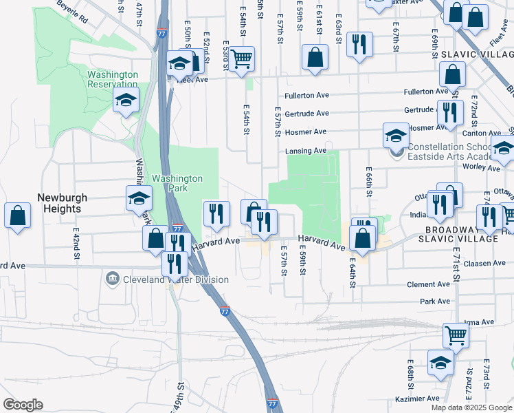 map of restaurants, bars, coffee shops, grocery stores, and more near 3990 East 55th Street in Newburgh Heights