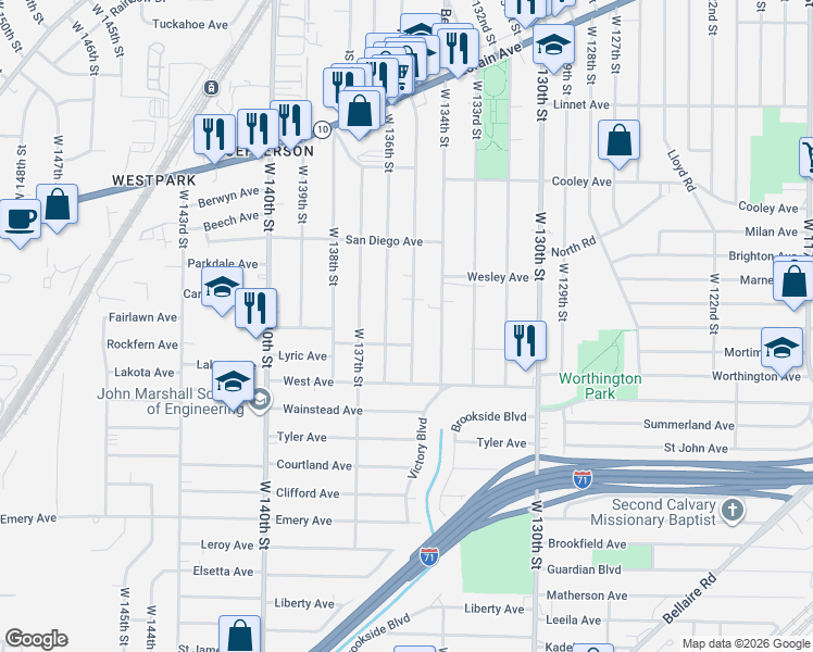 map of restaurants, bars, coffee shops, grocery stores, and more near 3849 West 135th Street in Cleveland