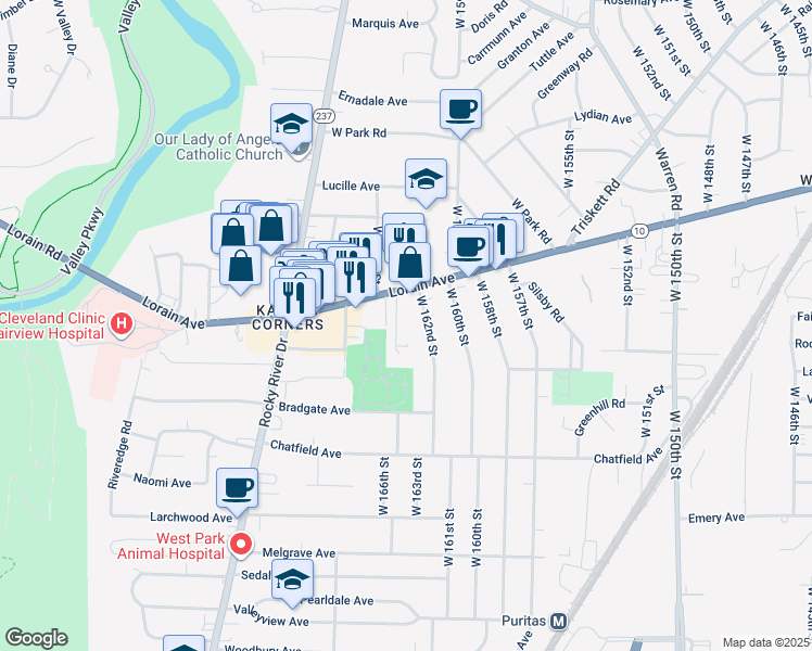map of restaurants, bars, coffee shops, grocery stores, and more near 3868 West 162nd Street in Cleveland