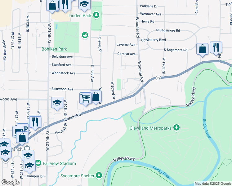 map of restaurants, bars, coffee shops, grocery stores, and more near in Fairview Park