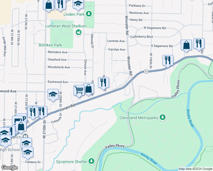 map of restaurants, bars, coffee shops, grocery stores, and more near in Fairview Park