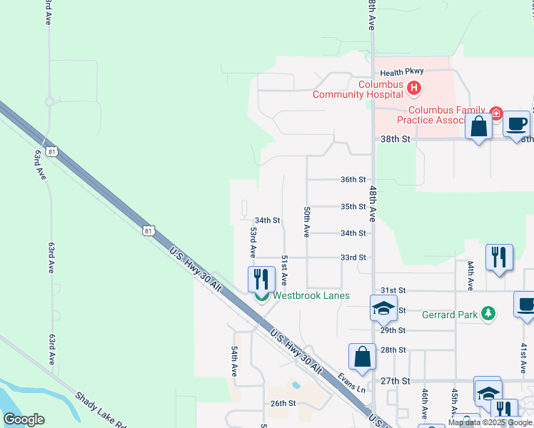 map of restaurants, bars, coffee shops, grocery stores, and more near 3458-3464 51st Avenue in Columbus