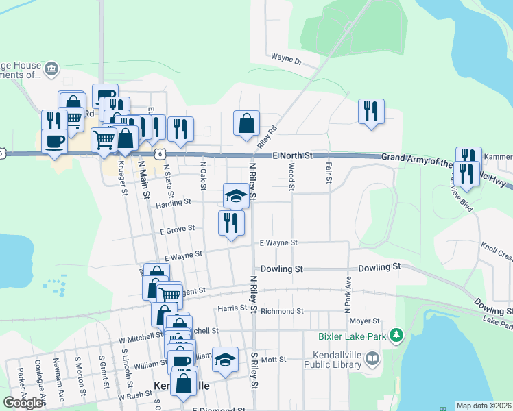 map of restaurants, bars, coffee shops, grocery stores, and more near 540 North Riley Street in Kendallville