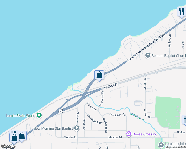 map of restaurants, bars, coffee shops, grocery stores, and more near 4144 Shore Drive in Lorain
