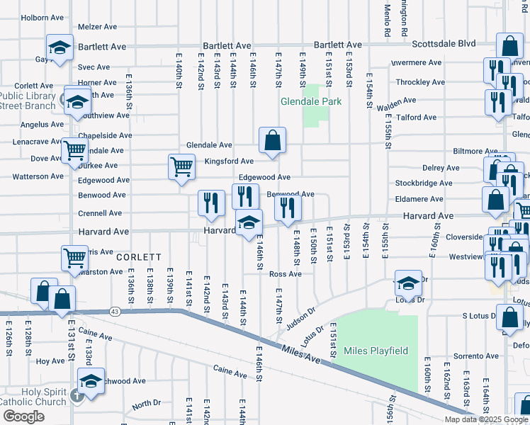 map of restaurants, bars, coffee shops, grocery stores, and more near 14623 Harvard Avenue in Cleveland