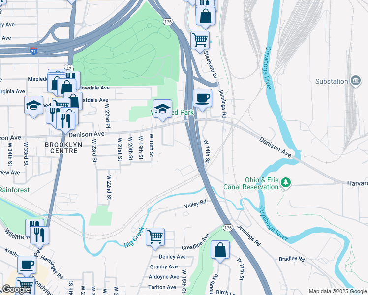 map of restaurants, bars, coffee shops, grocery stores, and more near 1509 Botany Avenue in Cleveland