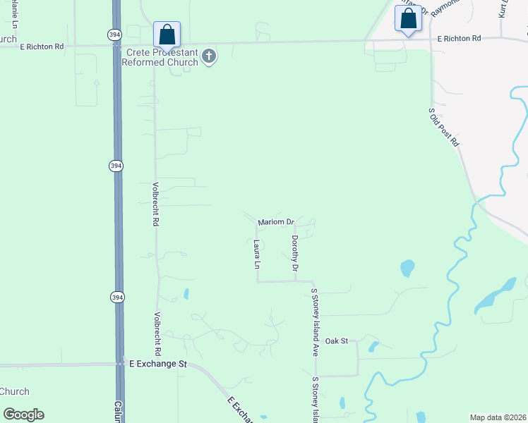 map of restaurants, bars, coffee shops, grocery stores, and more near 1848 Mariom Drive in Crete