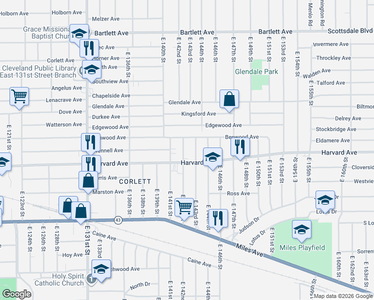map of restaurants, bars, coffee shops, grocery stores, and more near 4032 East 143rd Street in Cleveland