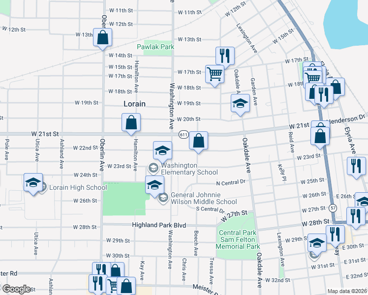 map of restaurants, bars, coffee shops, grocery stores, and more near 911 West 22nd Street in Lorain