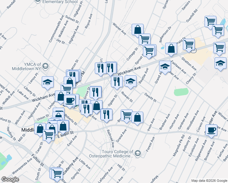 map of restaurants, bars, coffee shops, grocery stores, and more near 74-1/2 Montgomery Street in Middletown