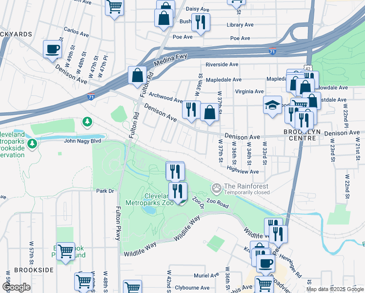 map of restaurants, bars, coffee shops, grocery stores, and more near 3873 West 40th Street in Cleveland
