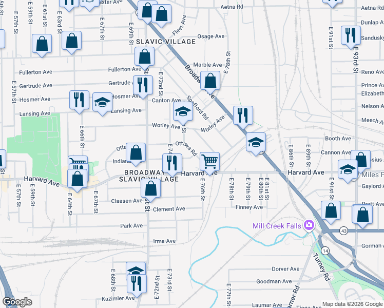 map of restaurants, bars, coffee shops, grocery stores, and more near 7528 Ottawa Road in Cleveland